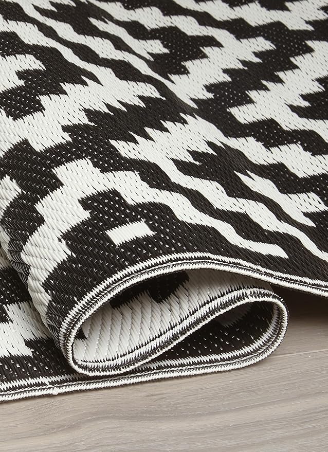 FH Home Outdoor Camping Rug - Waterproof, Fade Resistant, Reversible - Premium Recycled Plastic - Geometric - Large Patio, Deck, Sunroom, RV - Aztec - Black & White - 9 x 18 ft Foldable