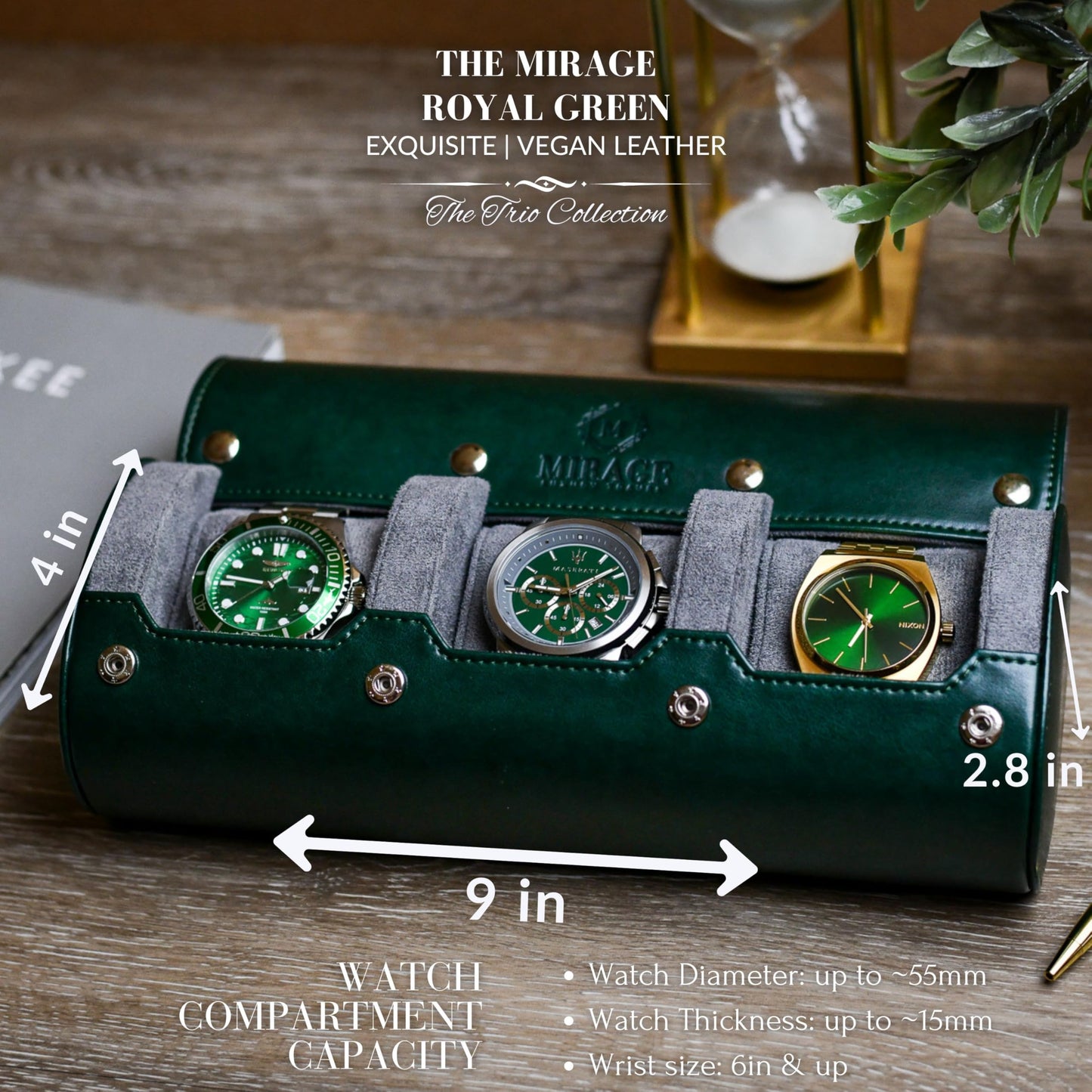 Watch Cases for Men - Travel Watch Roll Case - 3 Watch Travel Case Holder Organizer and Display - Royal Green Vegan Leather