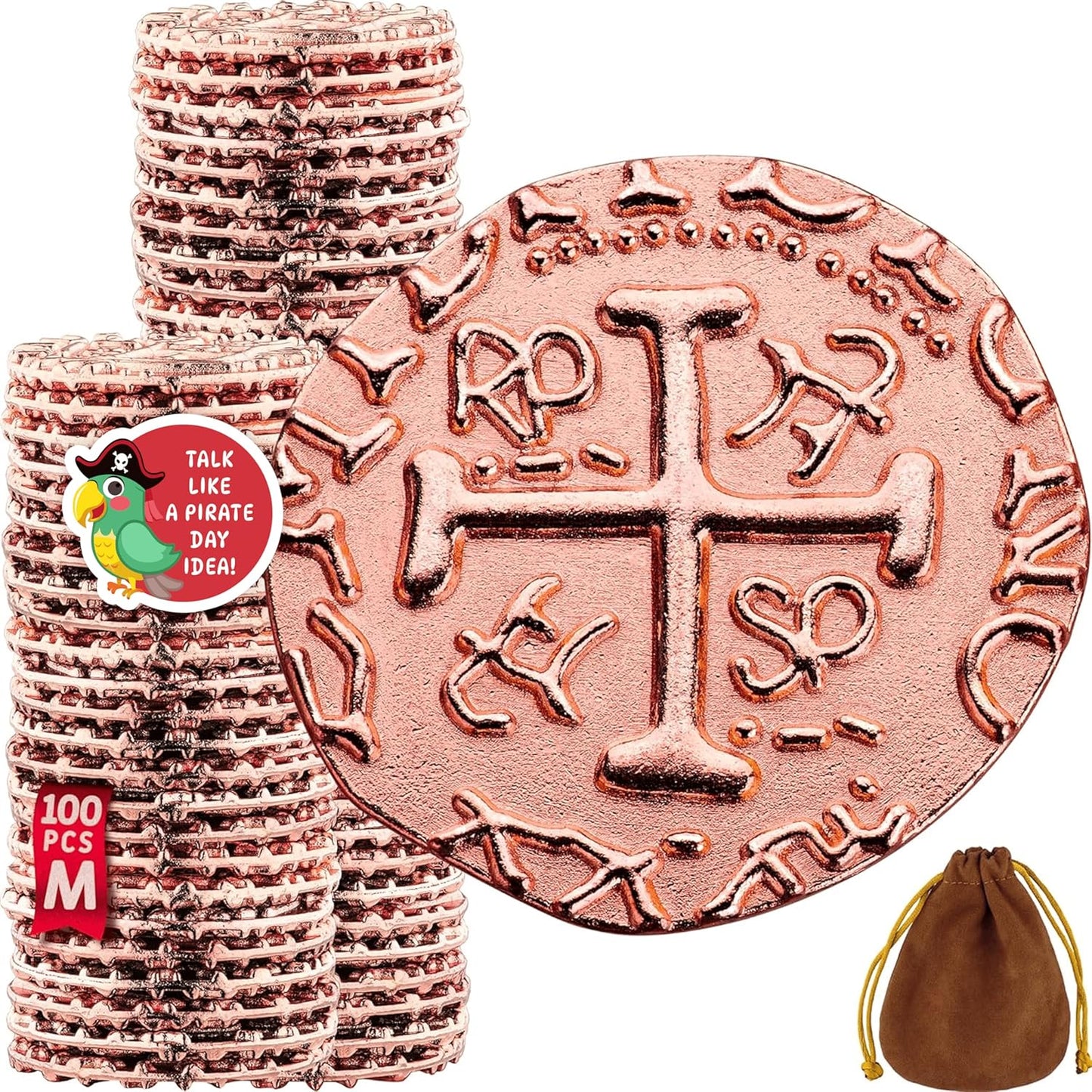 Large Metal Pirate Coins - 100 Rose Gold Treasure Coin Set, Metal Replica Spanish Doubloons for Pirate Party Decorations & Favors, Tokens, Toys, Cosplay - Pirate Treasure Chest - Size 0,98"