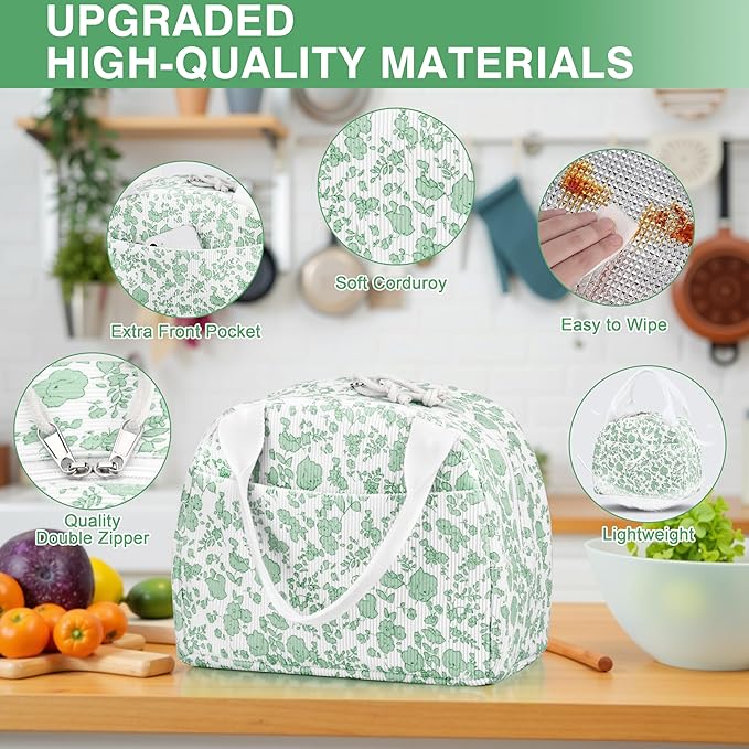 Lunch Bag - Insulated Lunch Box for Women, Reusable Large Capacity Cooler Bag for Adult, Small Leakproof Cute Corduroy Lunch Tote for Work Office Travel Picnic (Corduroy Green-Flower)