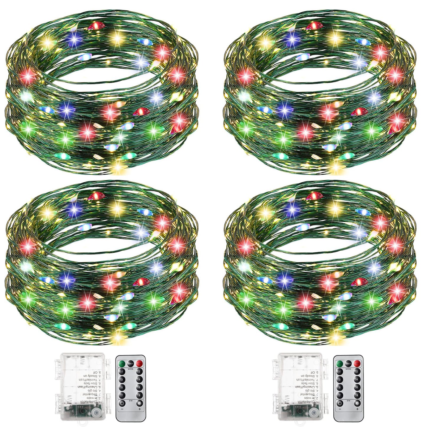 Remagr 4 Pack Christmas Fairy String Lights Battery Operated Green Wire LED Waterproof String Lights with Remote 8 Modes for Chr