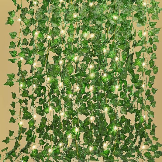 RECUTMS Ivy Fake Vines for Room Decor 12 Pack 86 FT Artificial Plant with 100 LED String Light Bedroom Aesthetic Hanging G...