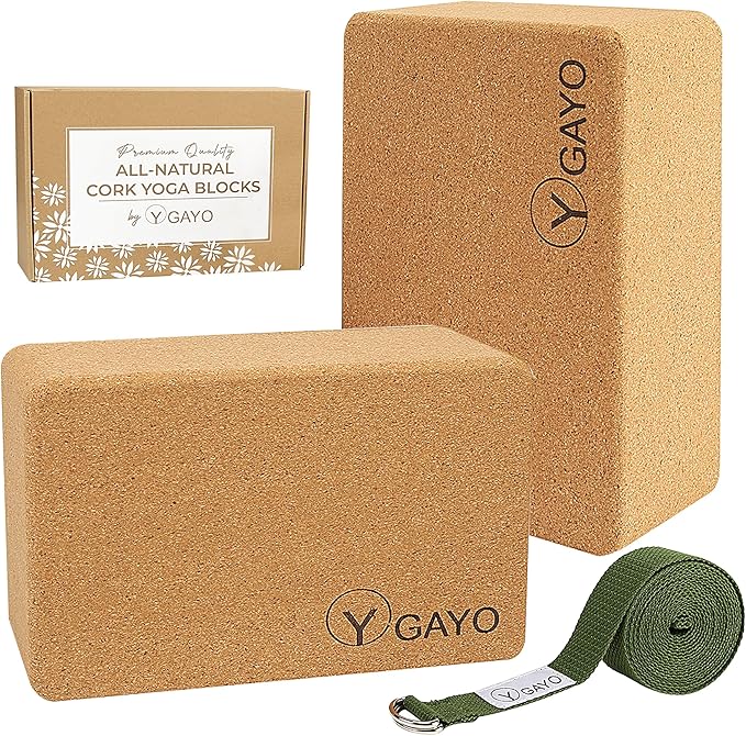 Y O Gayo Premium Cork Yoga Blocks – Durable & Sturdy Natural Cork Yoga Blocks for Stability, Balance, Alignment, Stretchin...