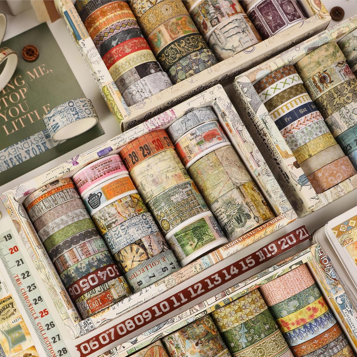 Vintage Washi Tape Set - 24 Rolls Arts Adhesive Tapes Assorted Retro Decorative Masking Tape Sets for Craft, Kids, Scrapbook, DIY, Gift Wrapping (2-Vintage Journey)