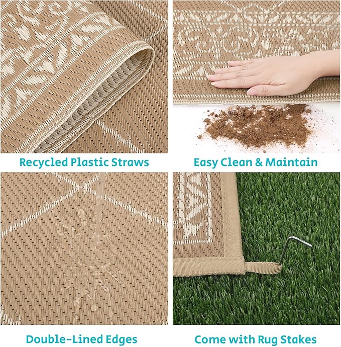 HEBE Outdoor Rug 9'x12' for Patios Waterproof Clearance Reversible Patio Mat Plastic Straw Rug RV Camping Mat Outside Area Rug Carpet for Camping RV,Porch,Deck,Balcony,Camper,Backyard