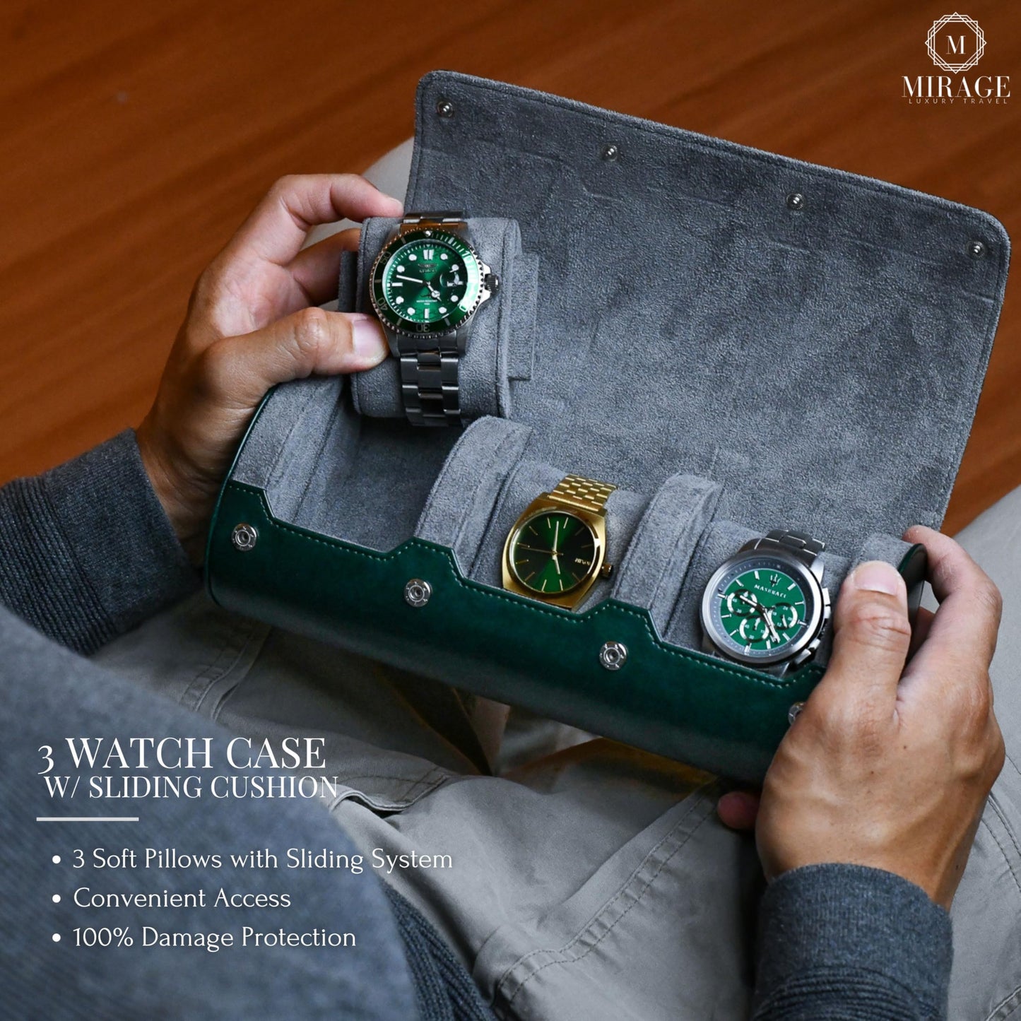 Watch Cases for Men - Travel Watch Roll Case - 3 Watch Travel Case Holder Organizer and Display - Royal Green Vegan Leather