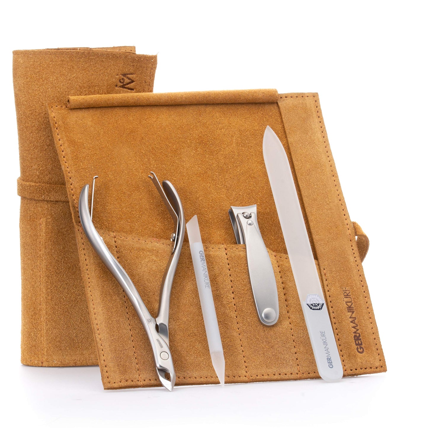 GERMANIKURE 4pc Manicure Set in Yellow Suede Case - FINOX Stainless Steel Tools Made in Germany, Glass Nail Care Supplies Made i