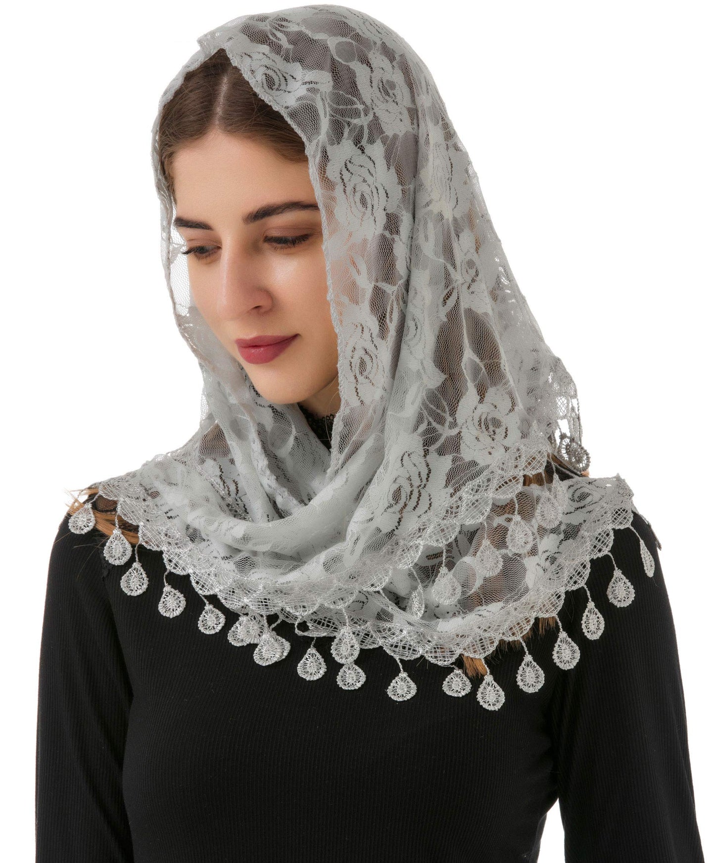 PAMOR Mass Veil Triangle Mantilla Cathedral Head Covering Chapel Veil Lace Shawl Latin Scarf (Gray)