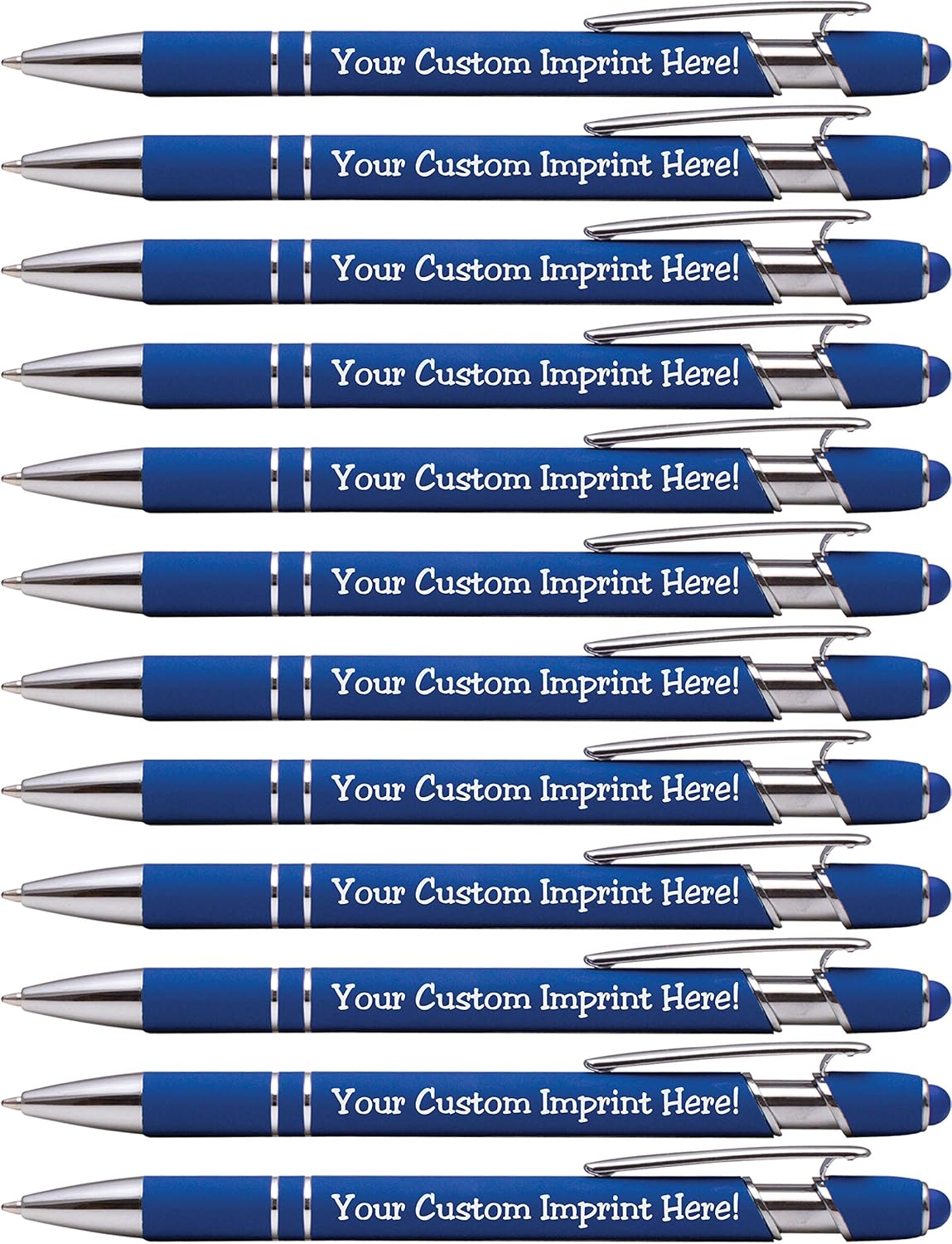 ExpressDesigns™ - Premium Custom Pens with Stylus | Burst of Color | Personalized Soft Touch Metal Printed Name Pens w/Black Ink - Imprinted w/Logo or Message - 12 pcs/pack (Dark Blue)