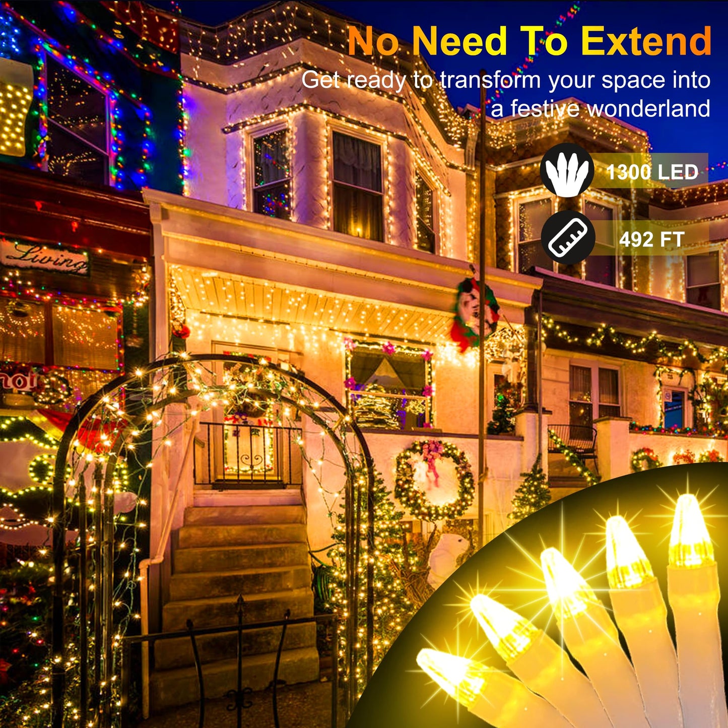 HRANBOTY Christmas Lights Outdoor 492FT 1300 LED Warm White Waterproof with Timer & Memory Function, Model HS-1300L