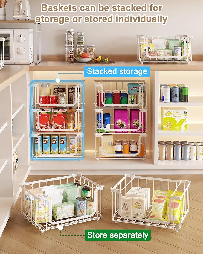 UMDONX 4 Pack Stackable Wire Baskets Storage Bins for Fruits, Vegetables, Potatoes & Onions | Pantry, Countertop, Laundry Organizer | Heavy Duty & Space Saving White