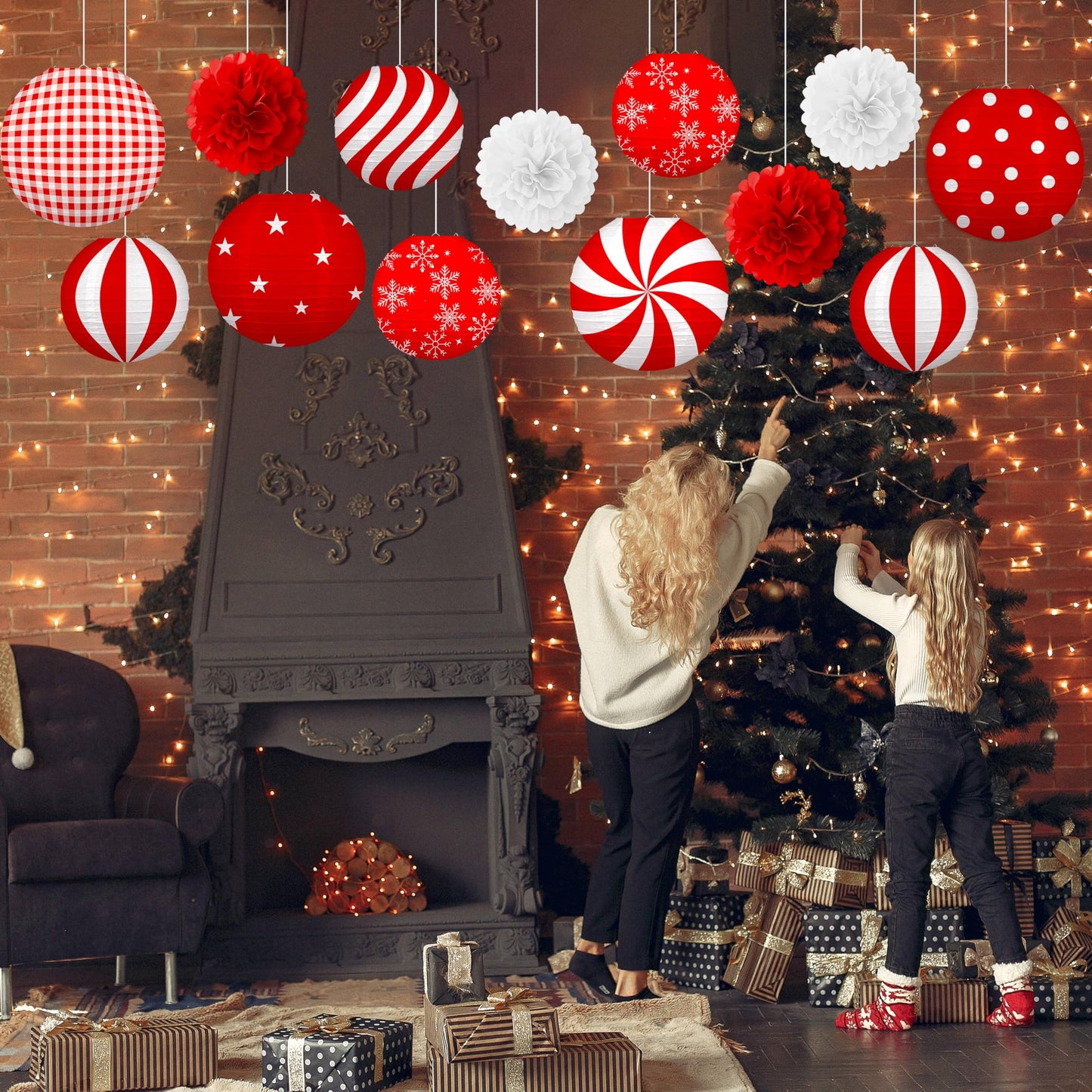 Renbuzhu 13Pcs Christmas Decorations Ornaments Set - 9 Red White Hanging Paper Lanterns  4 Pom Poms For Indoor  Home  Xmas Party  Porch Decor
