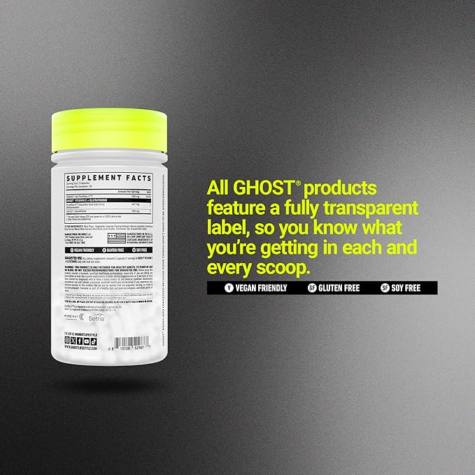 GHOST Basics Vitamin C + Glutathione Supplement for Men & Women – 500MG PureWay-C, 250MG L-Glutathione for Immune Health Support, Detox & Cleanse – Vegan, Soy-Free & Gluten-Free - 60 Veggie Capsules
