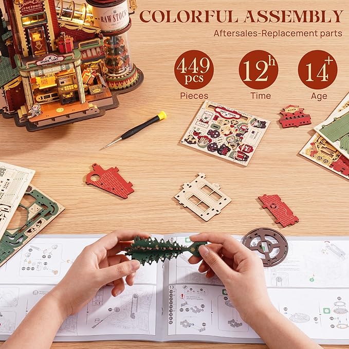 ROKR 3D Puzzle for Adults Christmas Dream Gift Factory Wooden Model Kit Luminous Factory DIY Dollhouse Kit Building with Music, Lights and 5 Elves for Adults