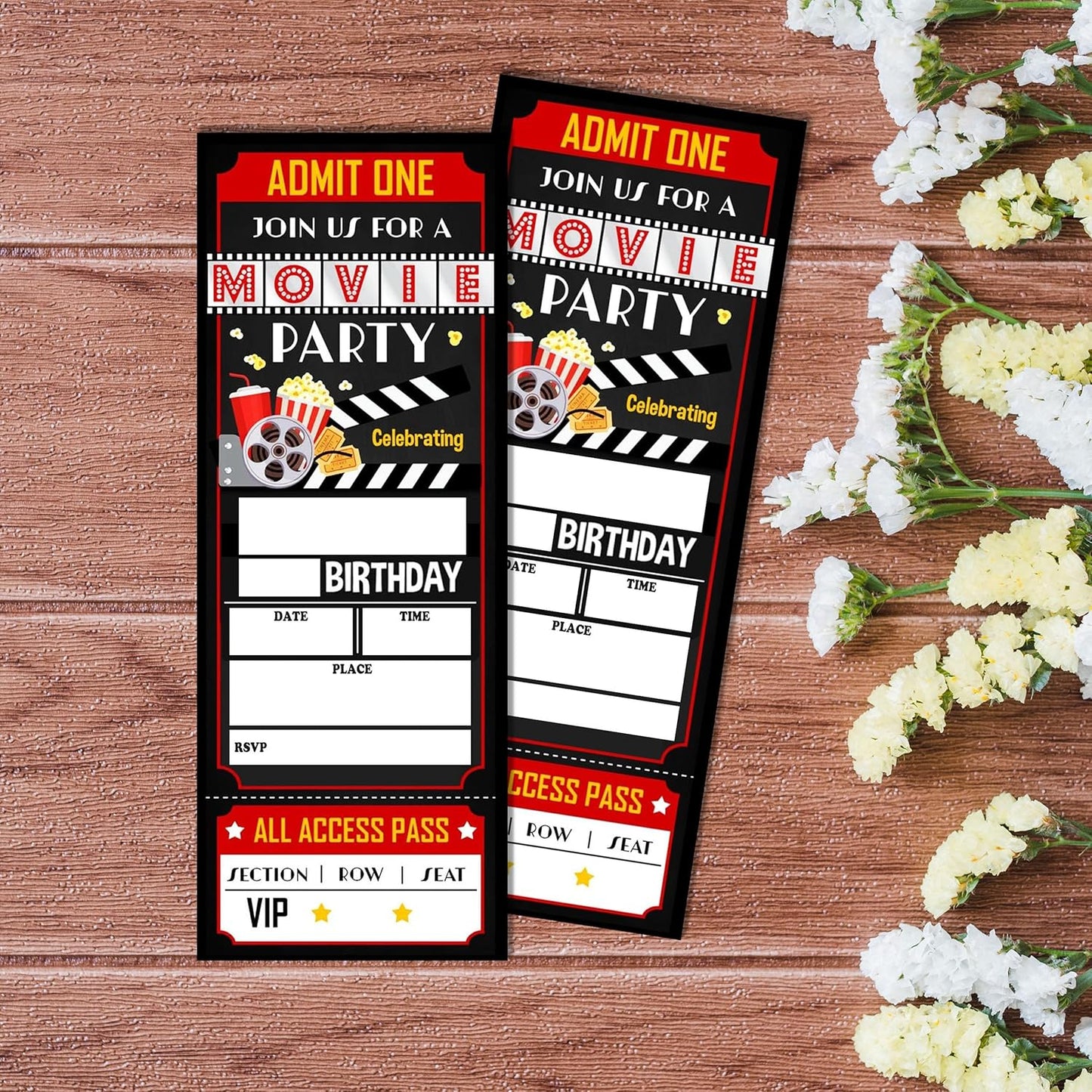 Birthday Cards-20 Movie Party Ticket Invite Cards-Red and Black Birthday Invitation with Envelopes for Movie Lovers-Celebration Party Favor & Supplies (3×8 inch)-A18