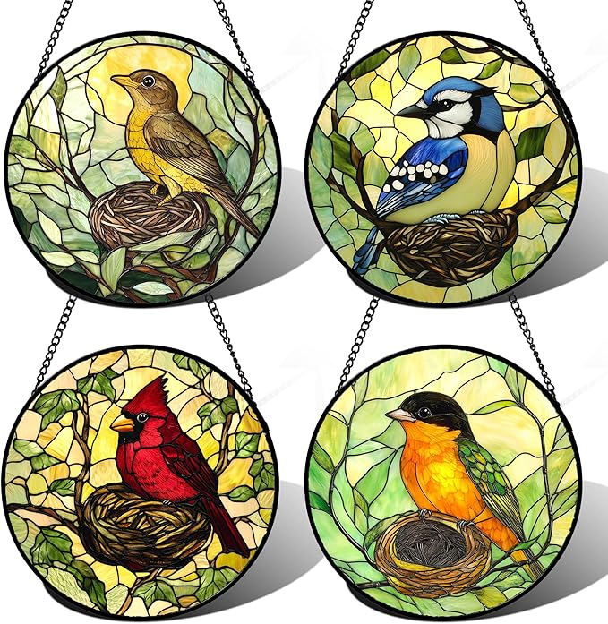Stained Glass Window Hanging 4 Pcs Set Bird Theme On Branch 7.8" - Cardinal Suncatcher Door Garden Sun Catcher Decor Birthday Christmas for Mom Woman Nana Men