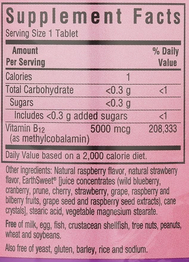Bluebonnet Nutrition EarthSweet Chewables Cellular Active Methylcobalamin 5000mcg, Soy-Free, Gluten-Free, Non-GMO, Kosher, Dairy-Free, Vegan, 60 Chewable Tablets, 60 Servings, Raspberry Flavor
