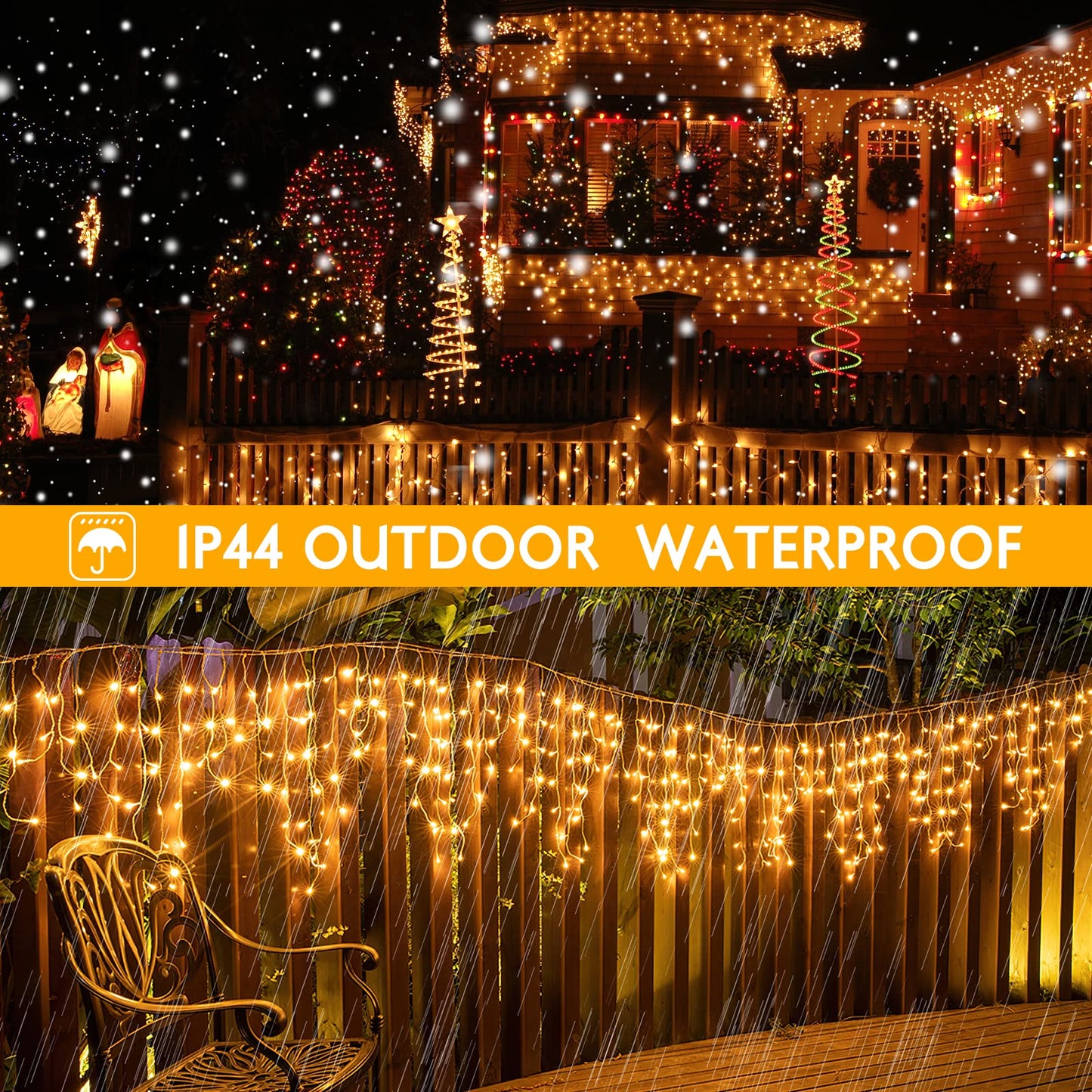 AGIRL 400 LED Icicle Lights Outdoor Waterproof Warm White Fairy String Lights 32.8Ft 8 Modes Model GP-SW240DC0250-IP44