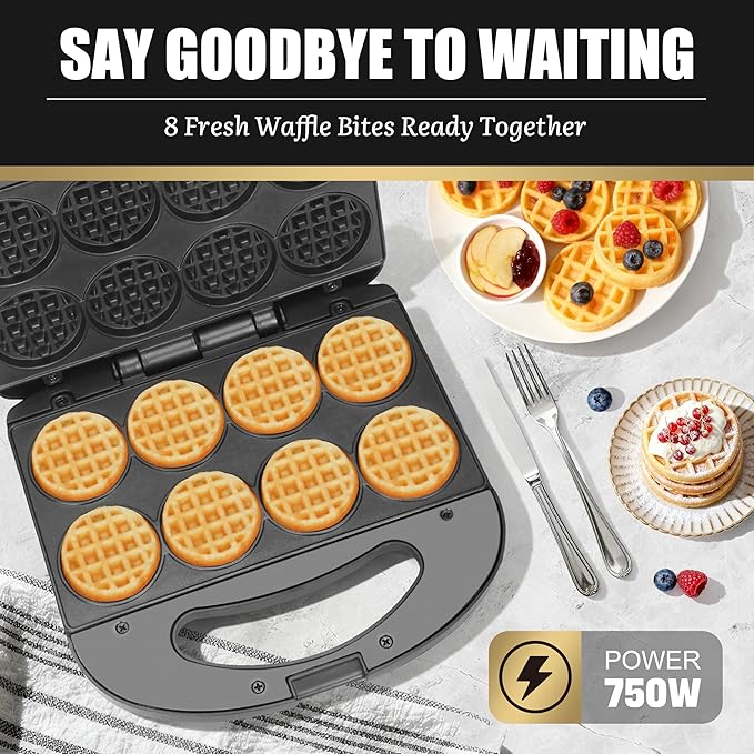 Mini Waffle Maker, Mini Waffle Iron, Waflera Electrica, Small Waffle Maker for Kids, Baby wafflera, Makes 8×2" Tiny Waffle Bites, Non-stick Surface, Ideal for Breakfast, Dessert and Snacks