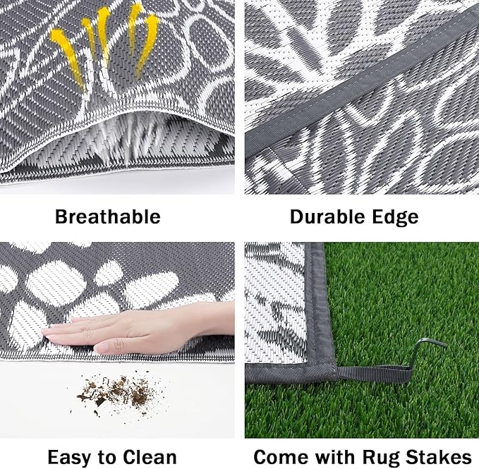 Ileading Reversible Outdoor Rug 5x8Ft Waterproof Patio Rug Carpet Portable Outdoor Plastic Straw Rug Large RV Camping Mat Rug for Patio, Clearance, Deck, Beach, Porch, Camping, Picnic, Flower Grey