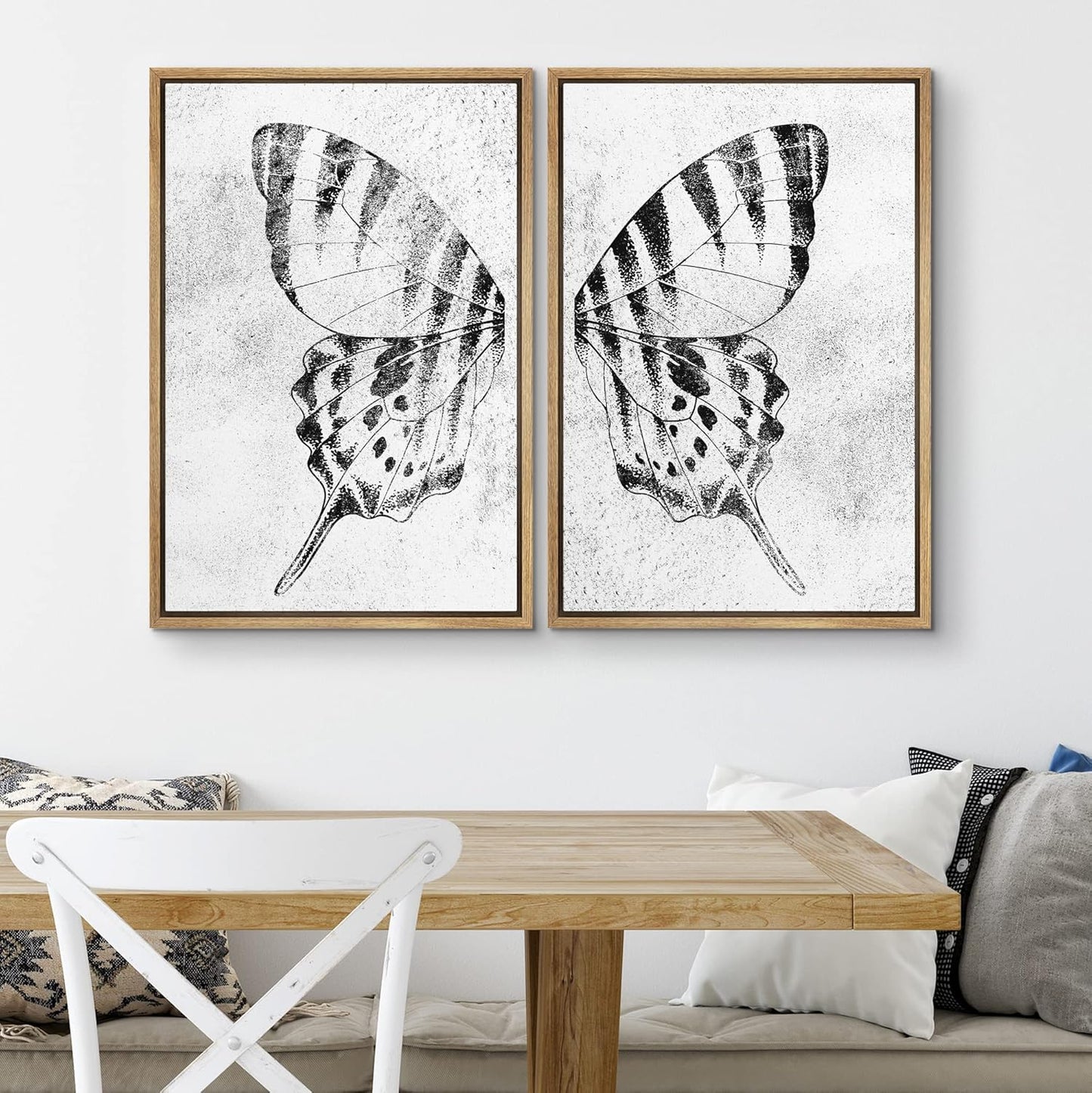 SIGNWIN Framed Canvas Print Wall Art Set Black & White Monarch Butterfly Wing Insect Nature Wilderness Illustrations Modern Art Rustic Relax/Calm for Living Room, Bedroom, Office - 24"x36"x2 Natural