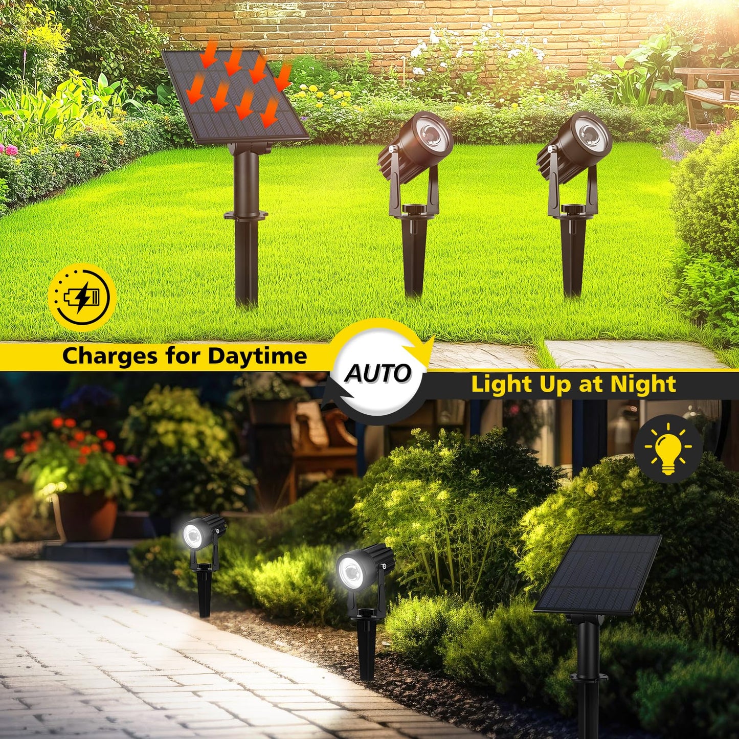 T-SUN 2W Solar Spotlights, LED Outdoor Landscape Lights, Waterproof, Dual Head, 2-IN-1, Cold White