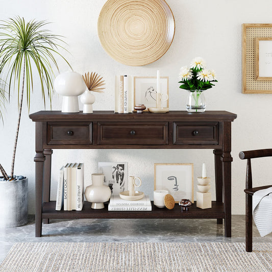Merax Wood Farmhouse Entry Way Hallway Console Table with Drawers and Bottom Shelf Narrow Long Sideboard for Living Room Bedroom Espresso