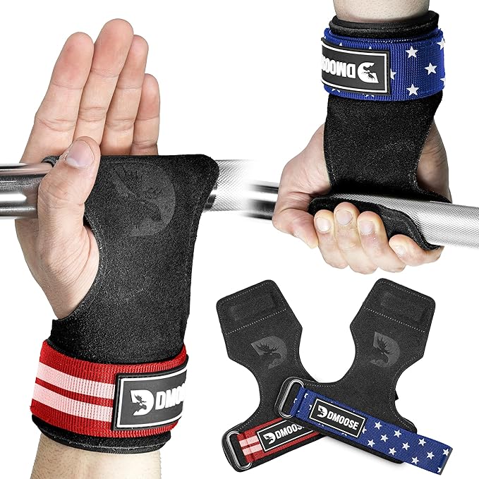 DMoose Fitness Weight Lifting Hooks (Pair) for Deadlifts, Pull Ups, Rows & Shrugs - Anti-Rip Nylon Strap Hand Grips with T...