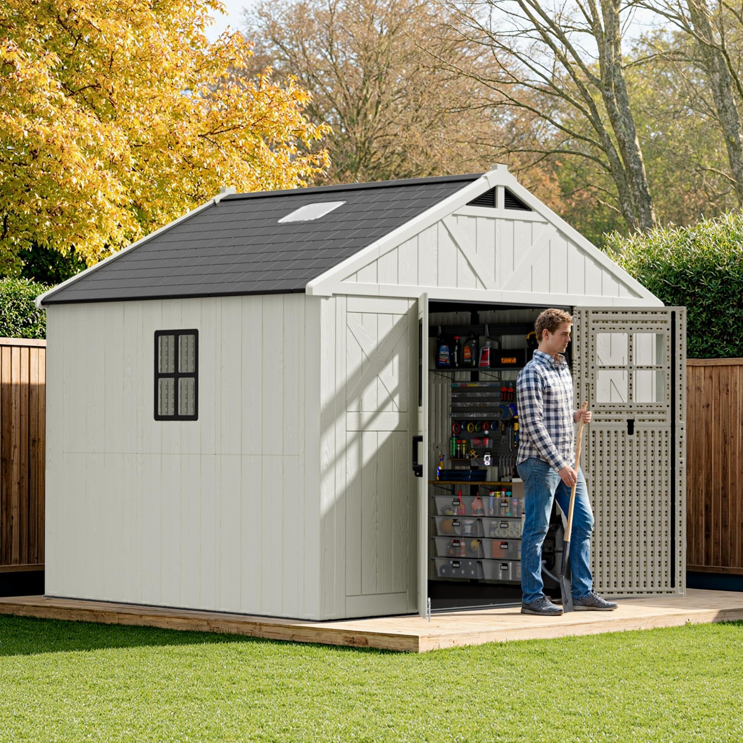 Patiowell 10 x 8 FT Outdoor Storage Shed, Plastic Shed with Floor and Skylight, Resin Storage Shed with Four-Window and Lockable Door for Garden, Patio, Backyard, Beige