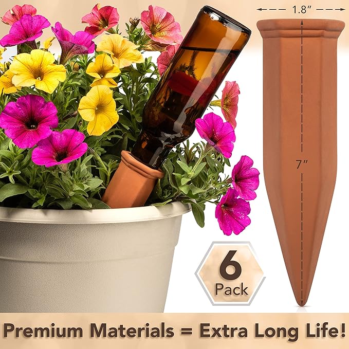 6 Pack Terracotta Watering Spikes for Indoor and Outdoor Plants - Simple and Easy Setup - Keep Plants Happy and Watered While You are Away