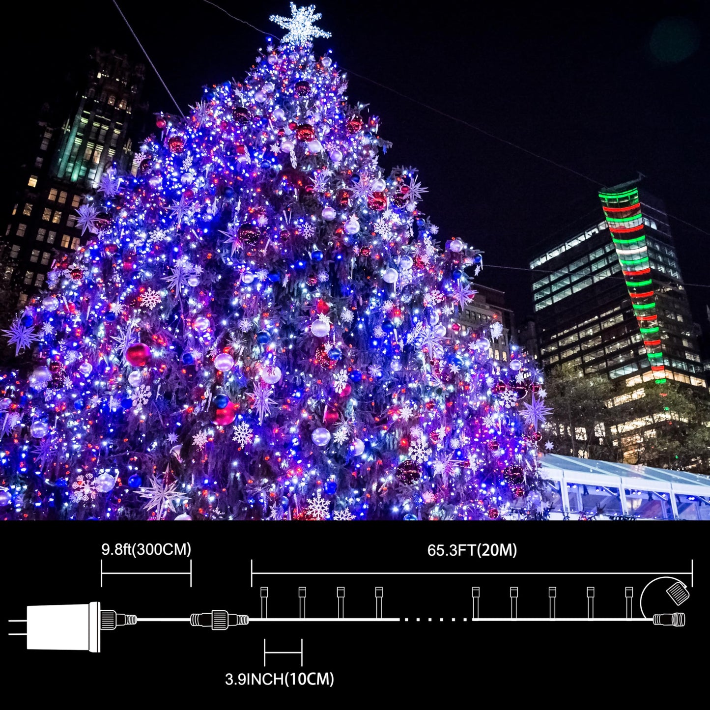 Lamphome 66Ft Patriotic String Lights - Red White Blue Mini Lights  200 Led Transparent Wire Fairy Starry String Lights Plug In  11 Lighting Modes For Outdoor Tree Party Decoration (Red White Blue)
