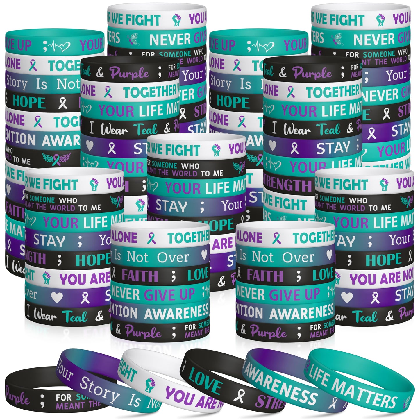 WATINC Suicide Awareness Silicone Bracelets Set, Suicide Prevention Awareness Pieces Ribbons Stretch Wristbands, Motivational Ru
