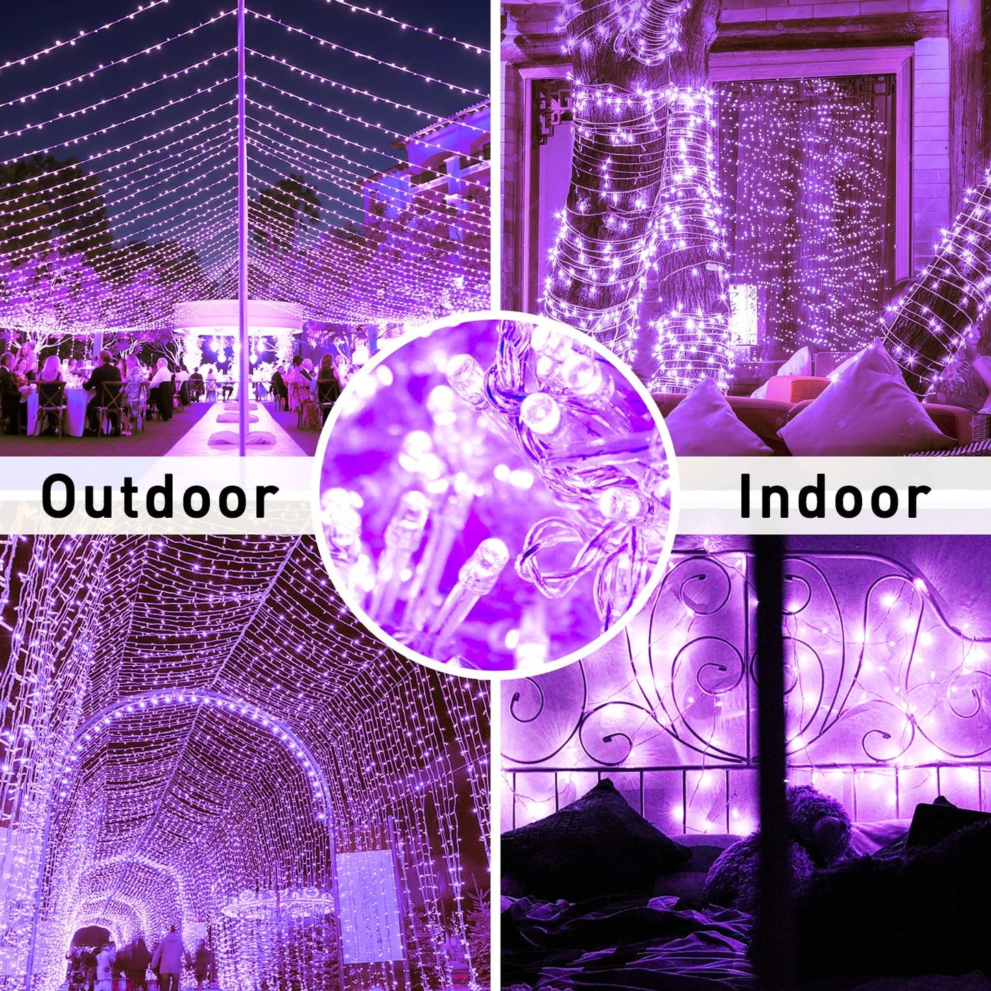 JMEXSUSS Purple String Lights, 91.5ft, 250 LED, Waterproof, Plug-in, 8 Modes, Clear Wire, Model EXS-S-0250