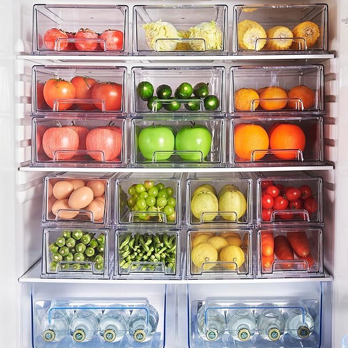 6 Pack Stackable Pull-Out Storage Drawers，Plastic Clear Organizer Bins with Handles，Easily Clean for Craft, and Toy Organization，Kitchen Undersink，Cabinet，Fridge，Closet，Pantry，Office，Bathroom