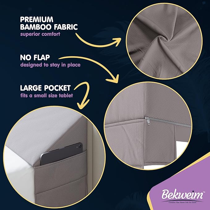 Wedge Pillow Headboard Bed Gap Filler Queen - Headboard Pillow Queen Size 60 X 10 X 6 - Long Pillow for Bed Wedge Gap Filler with Large Pocket for Bed Accessories - Mattress Gap Filler (Grey)