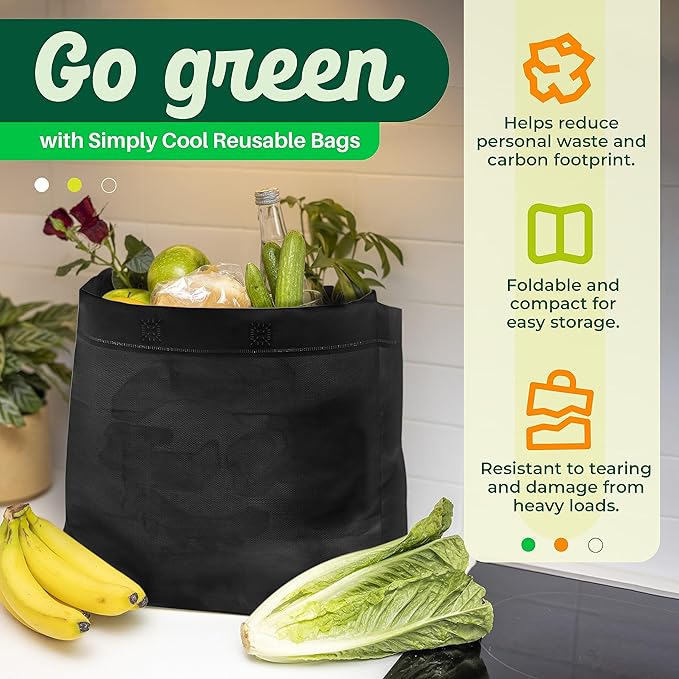 Simply Cool 200 Pack Black Reusable Eco-Friendly Grocery Shopping Bags 12.6"x6.3"x11.8" Durable, Environmentally Friendly Recyclable Shopping Bags Washable, Foldable, Portable Tote Bags Bulk