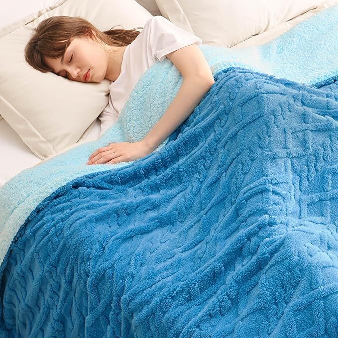 Bedsure Sherpa King Size Blanket for Bed- GentleSoft Fleece Fluffy & Cozy Cable Jacquard Tufted for Women Gift, Thick and Warm Blankets for Winter, Horizon Blue, 108x90 Inches