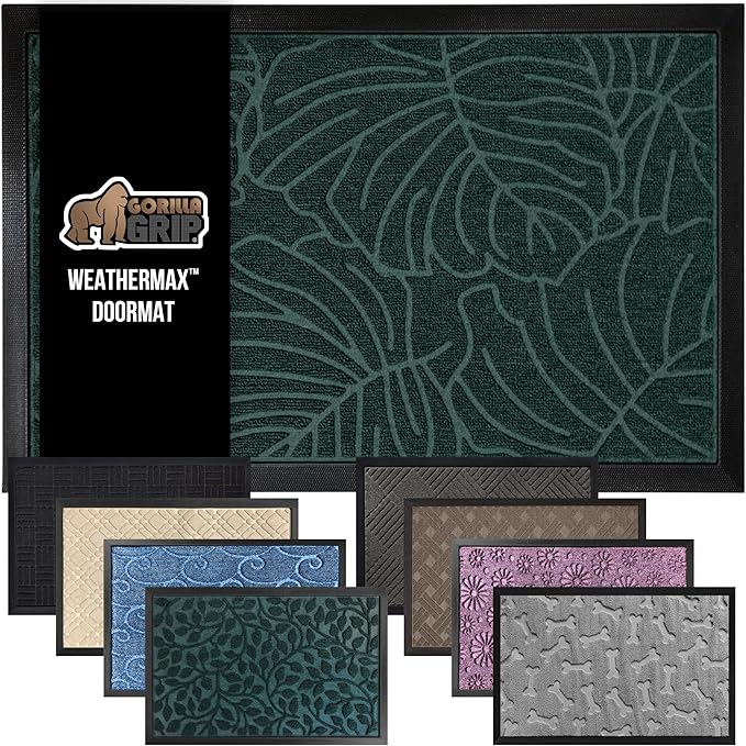 GORILLA GRIP 100% Waterproof All-Season WeatherMax Doormat, 23x35, Durable Natural Rubber, Stain and Fade Resistant, Low Profile, Indoor Outdoor Door Mats, Easy Clean Patio Entrance Mat, Green Palm