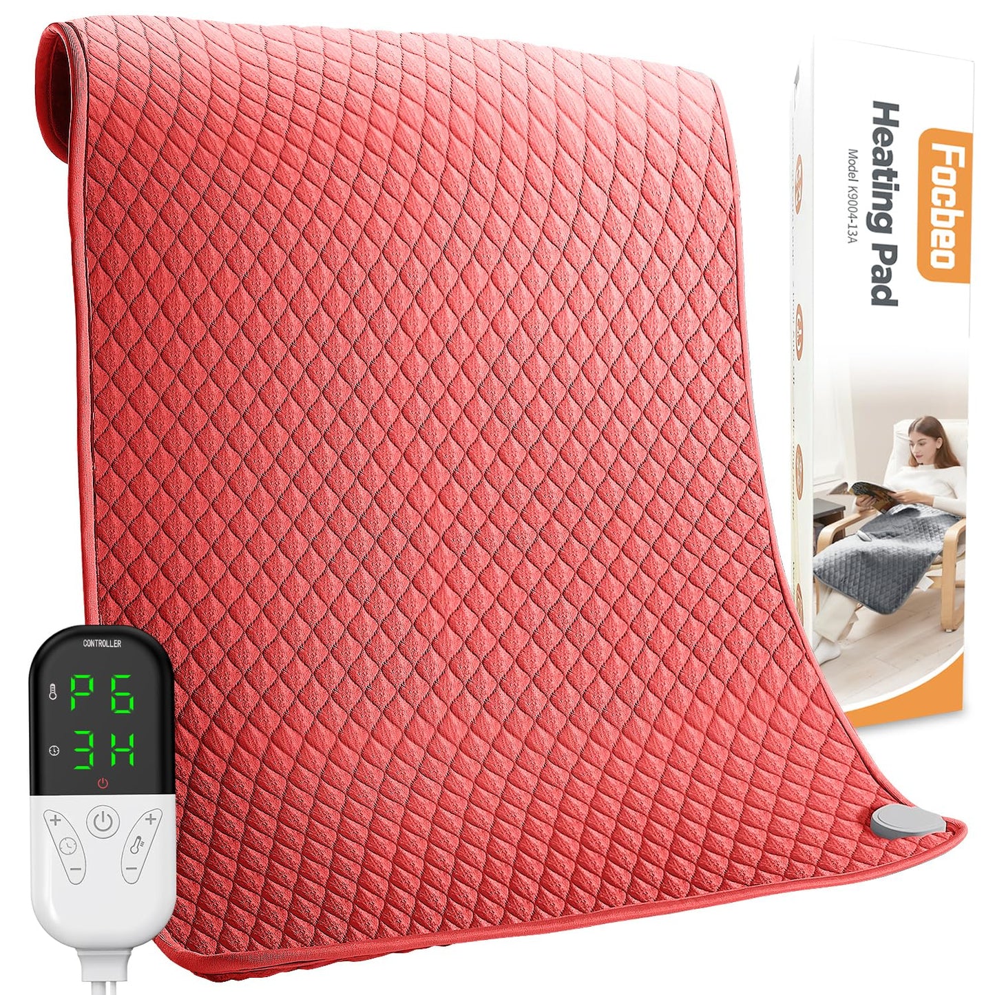 King Size Heating Pad for Back Pain 32"x24" Extra Large Electric Heating Pad for Period Cramps Relief & Body Neck Shoulder Auto Shut Off Heat Pad Temperature Settings Machine Washable Red