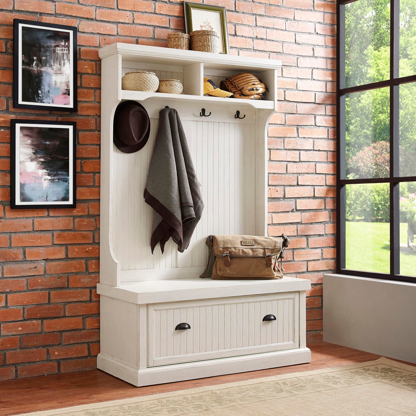 Crosley Furniture Seaside Hall Tree with Shoe Rack Bench and Coat Hooks for Hanging Storage, Distressed White