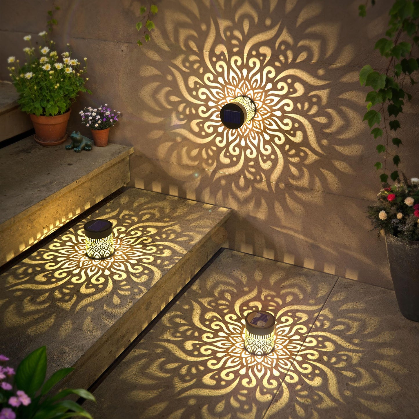 gardencave Solar Fence Lights - 2 Pack Metal Waterproof Mandala Theme for Outdoor Wall Deck Patio Decor