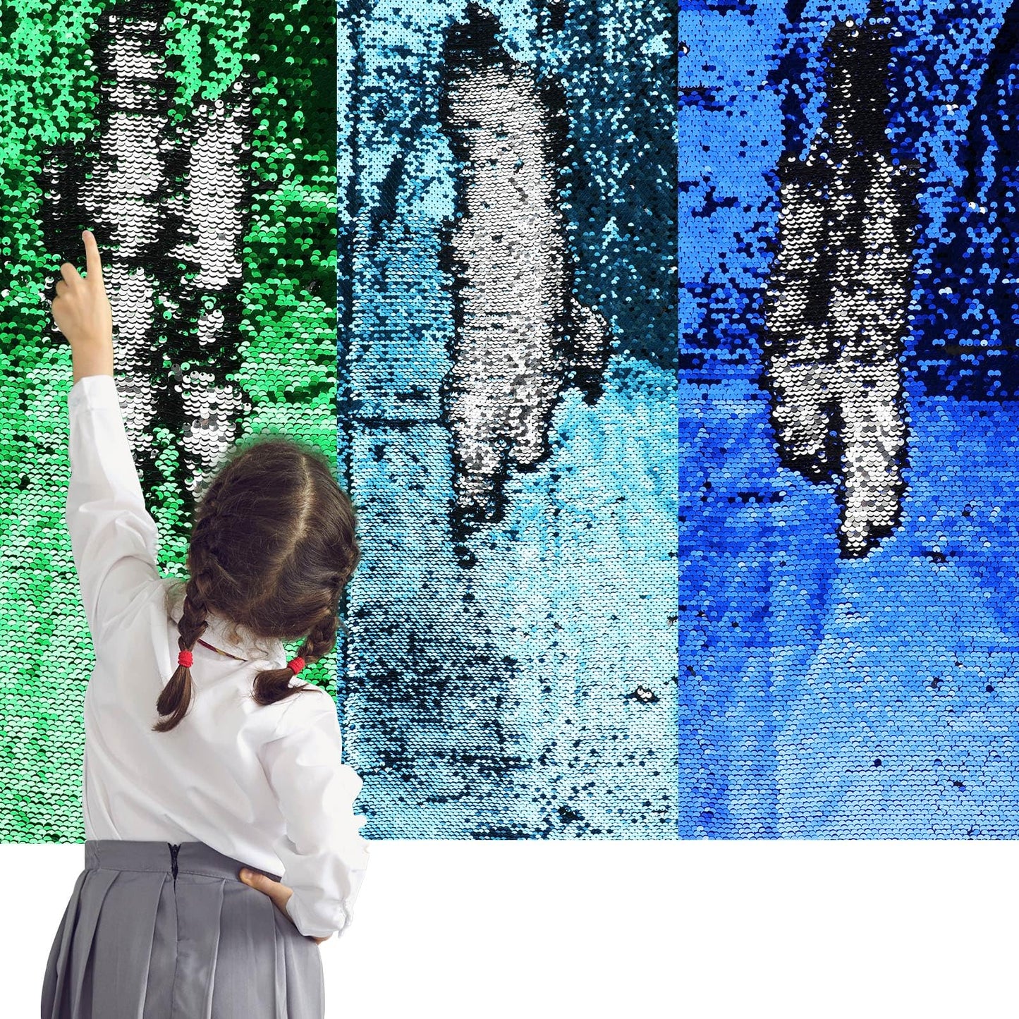 Irenare 3 Pcs Sensory Wall Sequin Flip Fabric for Kids 40 x 13 Inch Sensory Graffiti Reversible Sequin Fabric with 36 Pcs Hook and Loop Strips with Adhesive