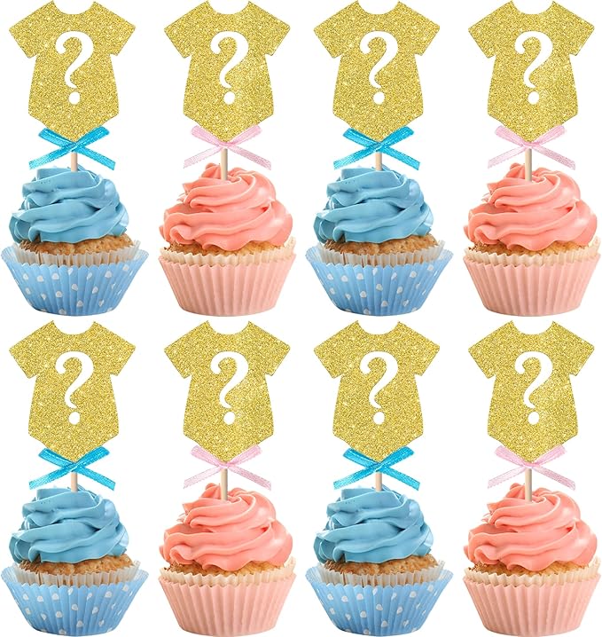 Rsstarxi 24 Pack Gender Reveal Cupcake Toppers Boy or Gir Gender Reveal Party Decorations Pink or Blue Bow Tie Cupcake Picks for Baby Shower Party Cake Decorations Gold