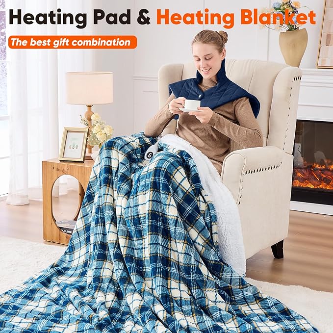Blue Weighted Heating Pad for Neck Shoulders and Back, Valentines Day Gifts for Him Men Husband, Birthday Gifts for Men Dad, Instant Electric Heated Blanket with 9 Heat Options 4 Auto-Off Timer, Navy