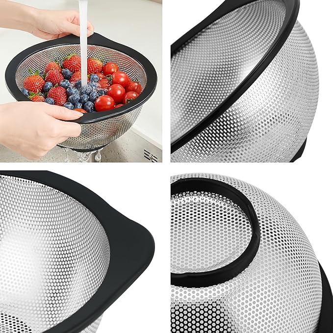 Rorence Stainless Steel Colanders Set for Kitchen - 2.5 and 4.3 Quart Capacities Kitchen Strainer Set of 2 with Black Non-Slip Handles