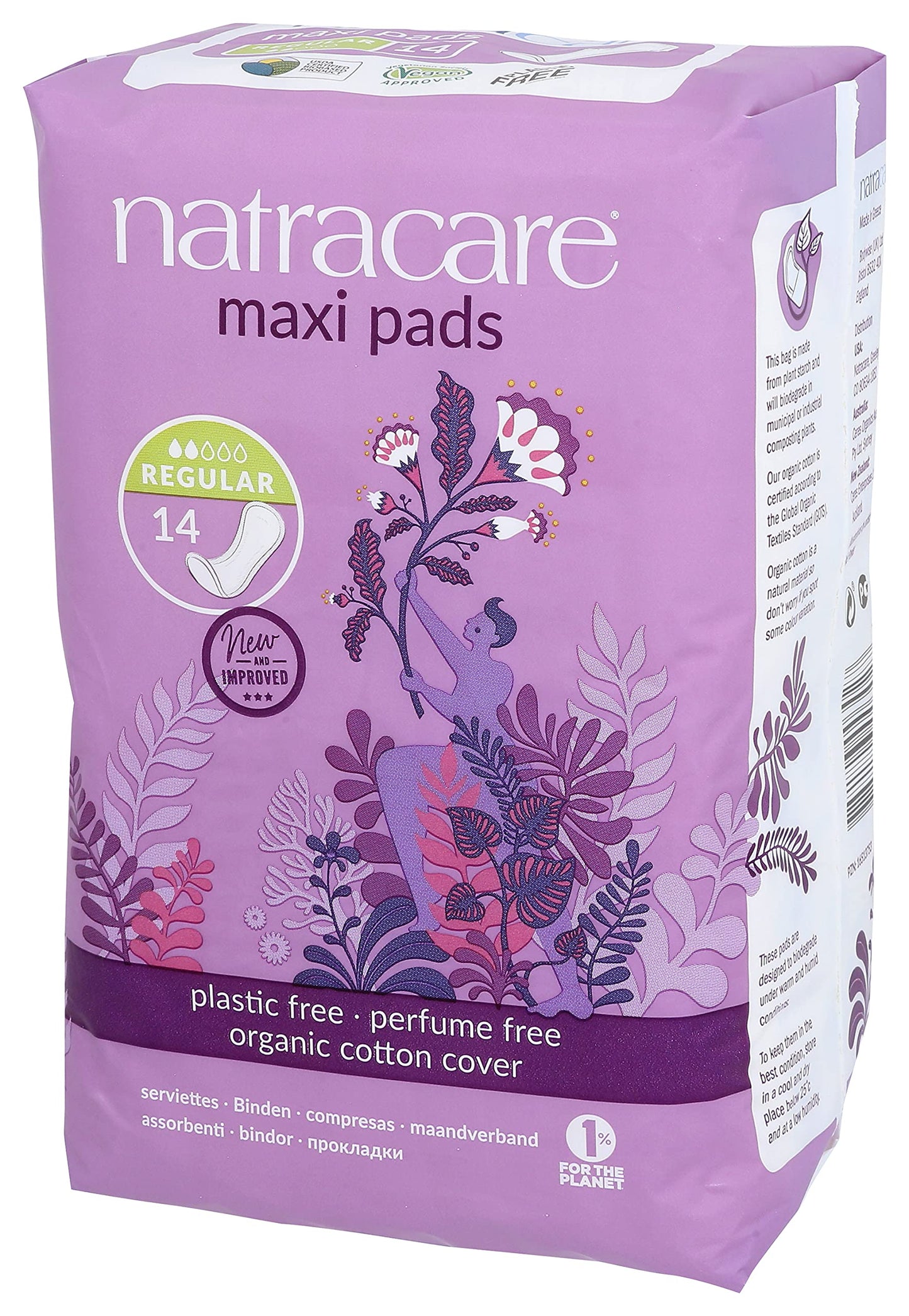 Natracare Natural Traditional Style Maxi Pads, Regular, Individually Wrapped, Without Wings in Plant-Based Bag (1 Pack, 14 Pads Total)