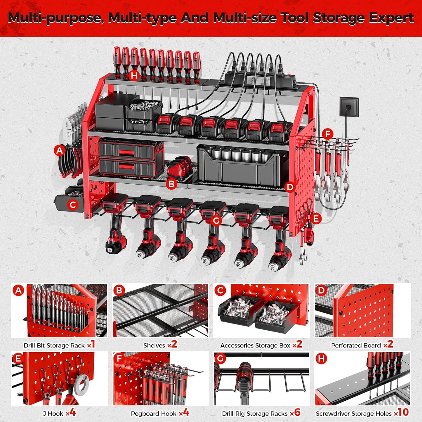 LBT Power Tool Organizer With Charging Station,Patented,Heavy Duty Steel,6 Drilling Rig Sizes With Hooks And Screw Boxes,6 sockets,Easy To Install Garage Storage Rack,Great Gift For Men, Red