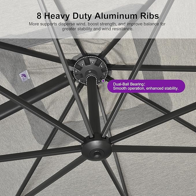 PURPLE LEAF 10 FT Cantilever Patio Umbrella Outdoor Aluminum Offset Square Umbrella with 3 Years Fade Resistance Recycled Fabric and 360-degree Rotation for Deck Pool Garden, Pebble Grey
