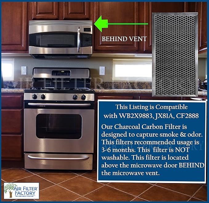 Air Filter Factory Replacement For JX91A, WB2X9883, CF2888 GE 6.13 x 11.13 x 0.37 Inches Microwave Oven Charcoal Carbon Behind Vent Filter 2-Pack
