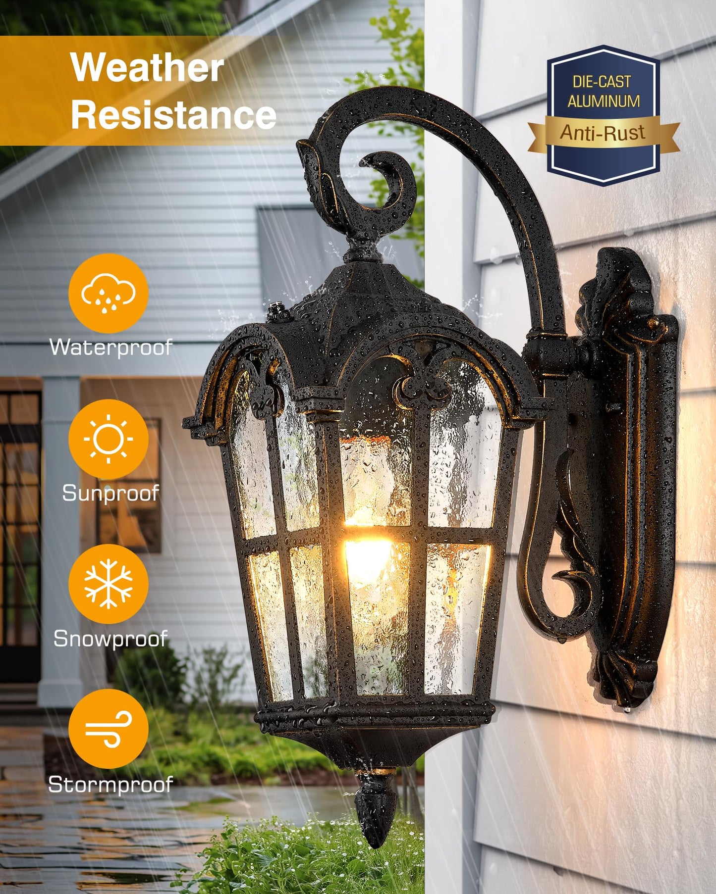 Vianis Outdoor Lights For House  Black Dusk To Dawn Outdoor Lights With Gold Trim  2-Pack Modern Outside Wall Light  Coach Lighting For Garage With Ripple Glass  Aluminum Waterproof And Anti-Rust